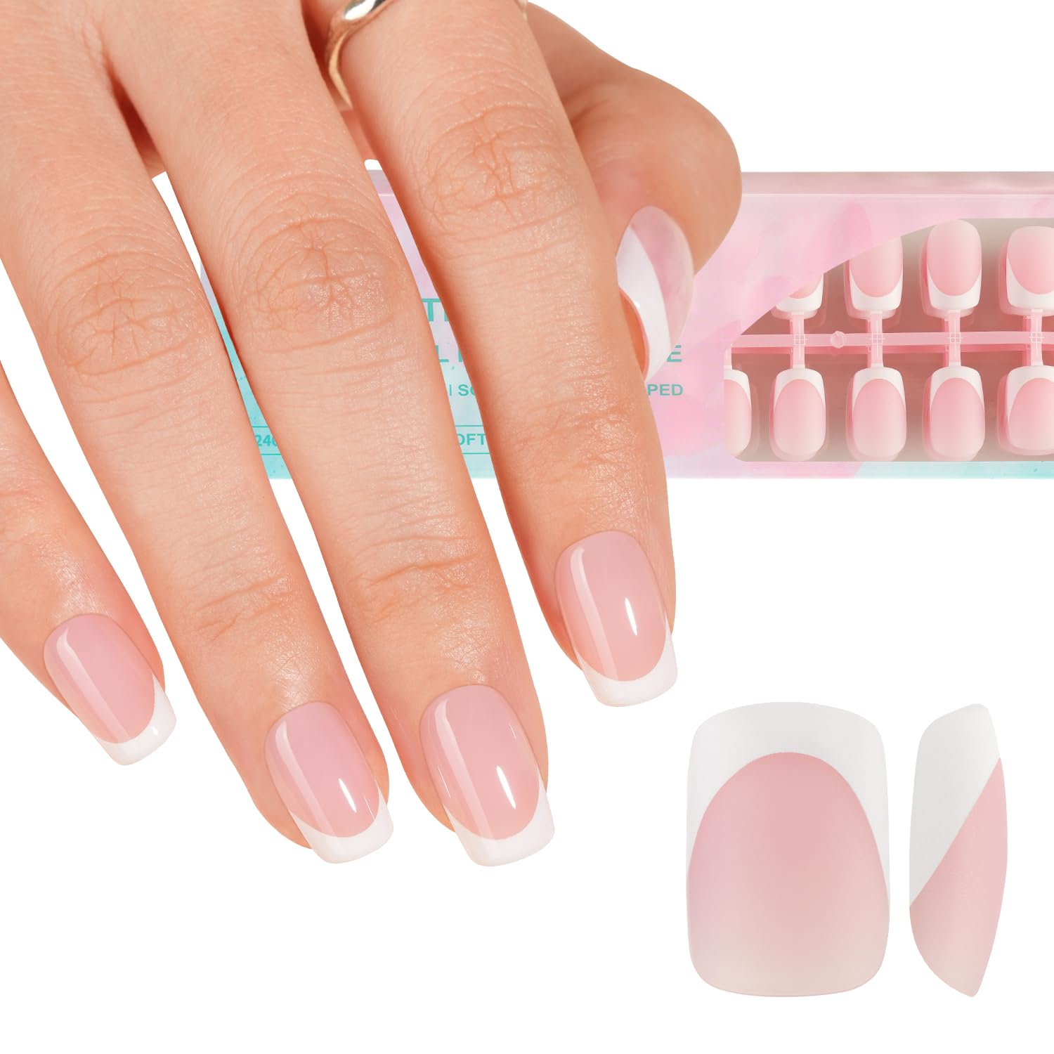 Misssix French Gel Nail Tips, 240Pcs French Tip Press on Nails Long Square Pink, No Need to File Tips Pre-lasting, Fake Nails for Nail Art DIY 15 Sizes